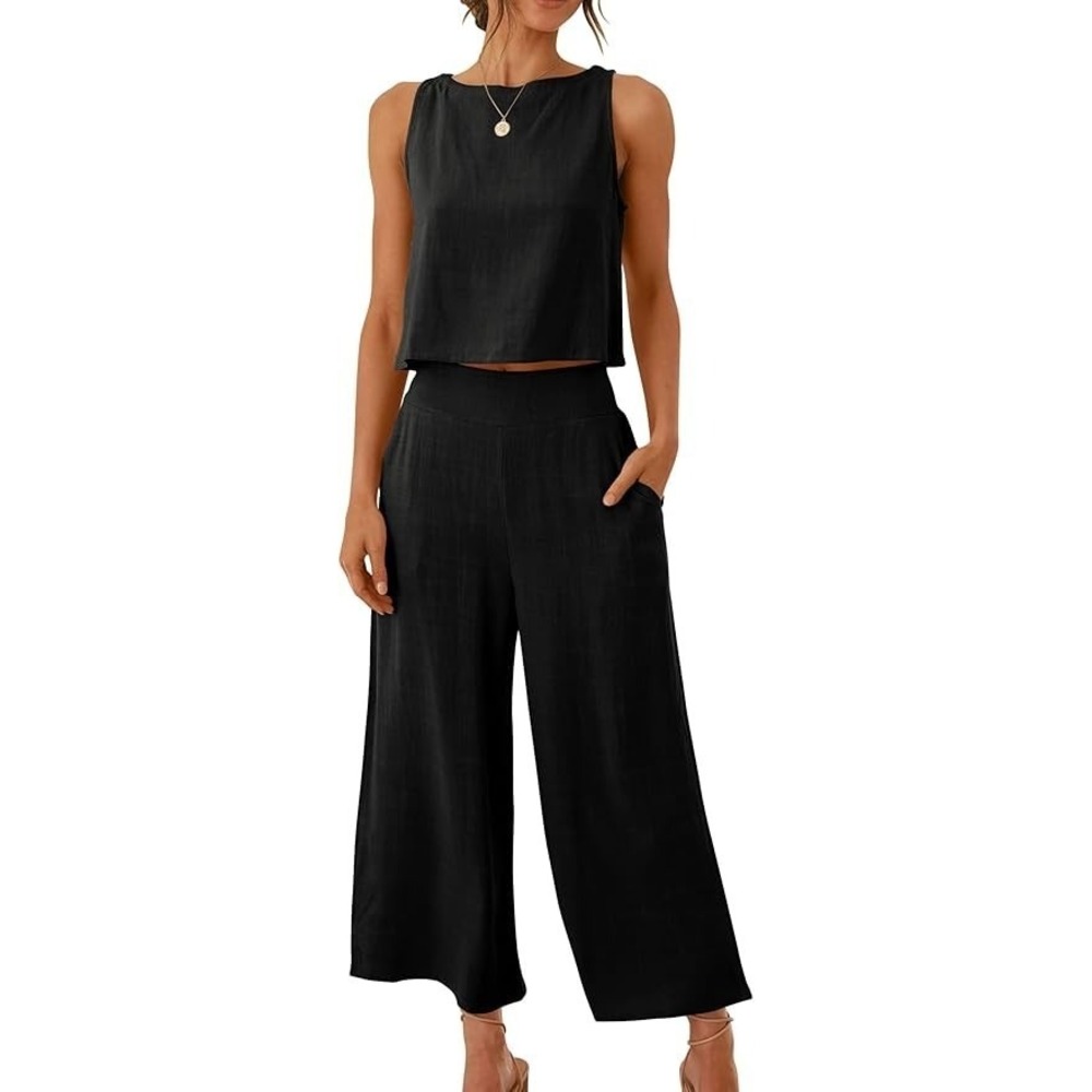 ANRABESS Women's Summer‎ 2 Piece Outfit Sleeveless Crop Top Capri Wide Leg Pants